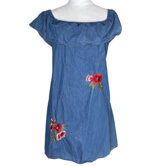 Speed Control Dresses & Skirts - Speed Control Blue Denim Off-Shoulder Midi Dress with Red Floral Embroidery